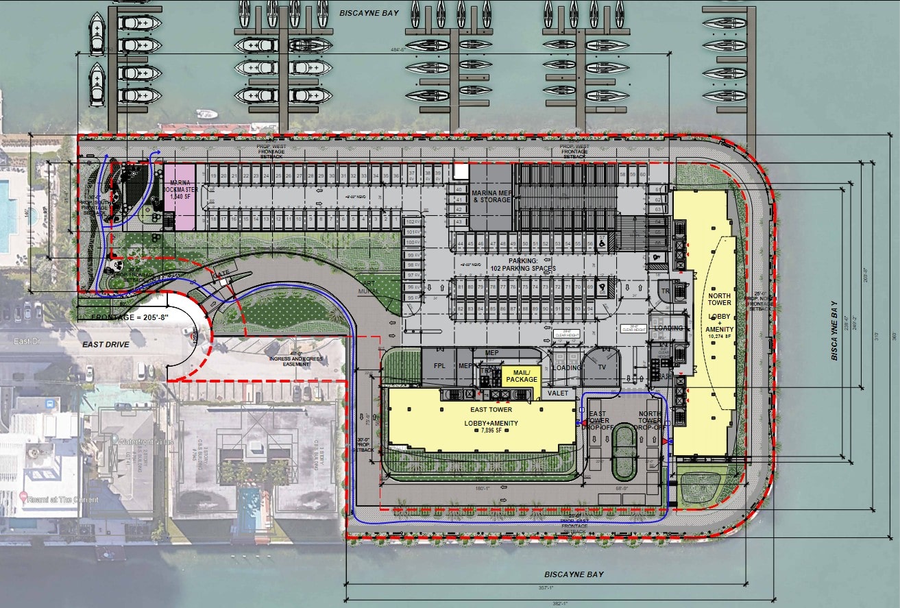 Site plan for two 43-story towers at 8000 East Drive by Related and Macklowe