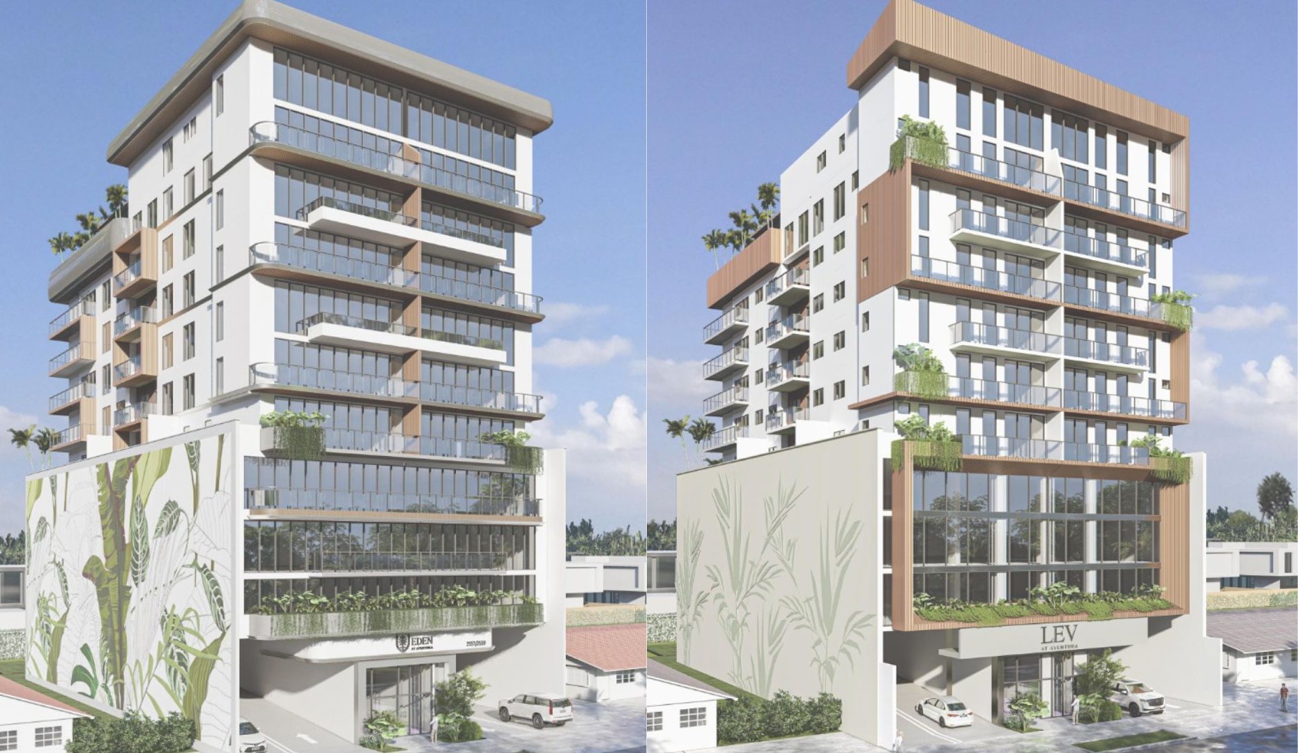 Eden at Aventura on the left. Lev at Aventura on the right. By the Growin Group and designed by Gaviria Architects.