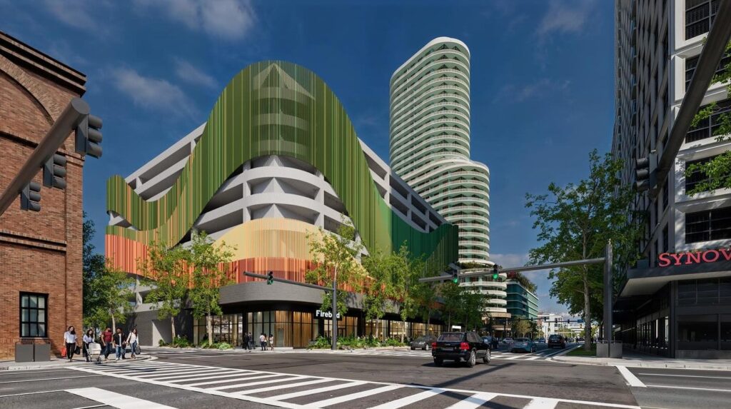 Rendering of the proposed mixed-use parking garage via Water Street Tampa's Instagram. Designed by Gensler.