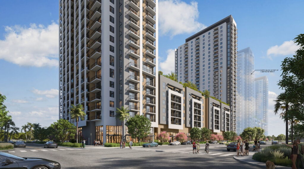 Renderings of Croissant Park South, with Croissant Park North in the background. Developed by Murphy Property Group and designed by FSMY.