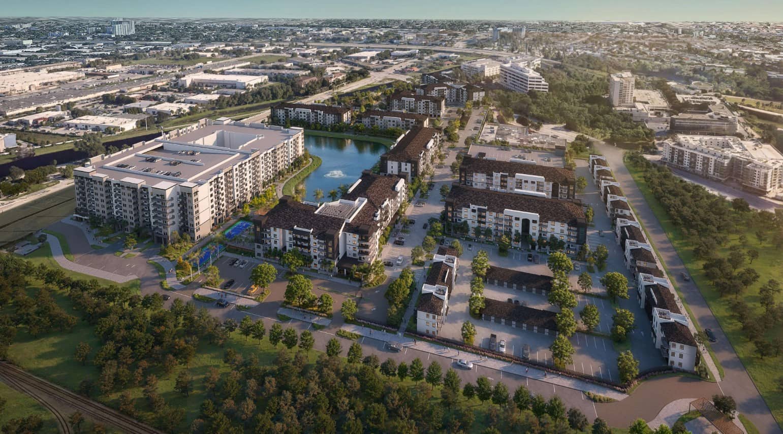 Aerial rendering of the Pan American Estates Mobile Home Park redevelopment located at 150 NW 68th Street, spearheaded by Cypress Development LLC. Designed by MSA Architects.