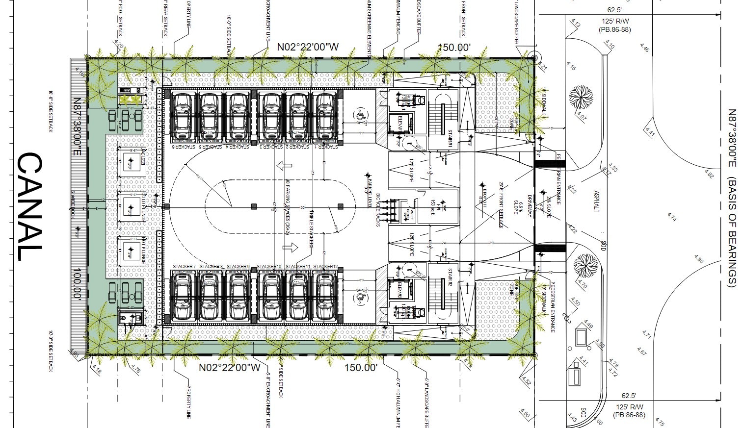 Site plan outlining the project's mechanical parking lifts.