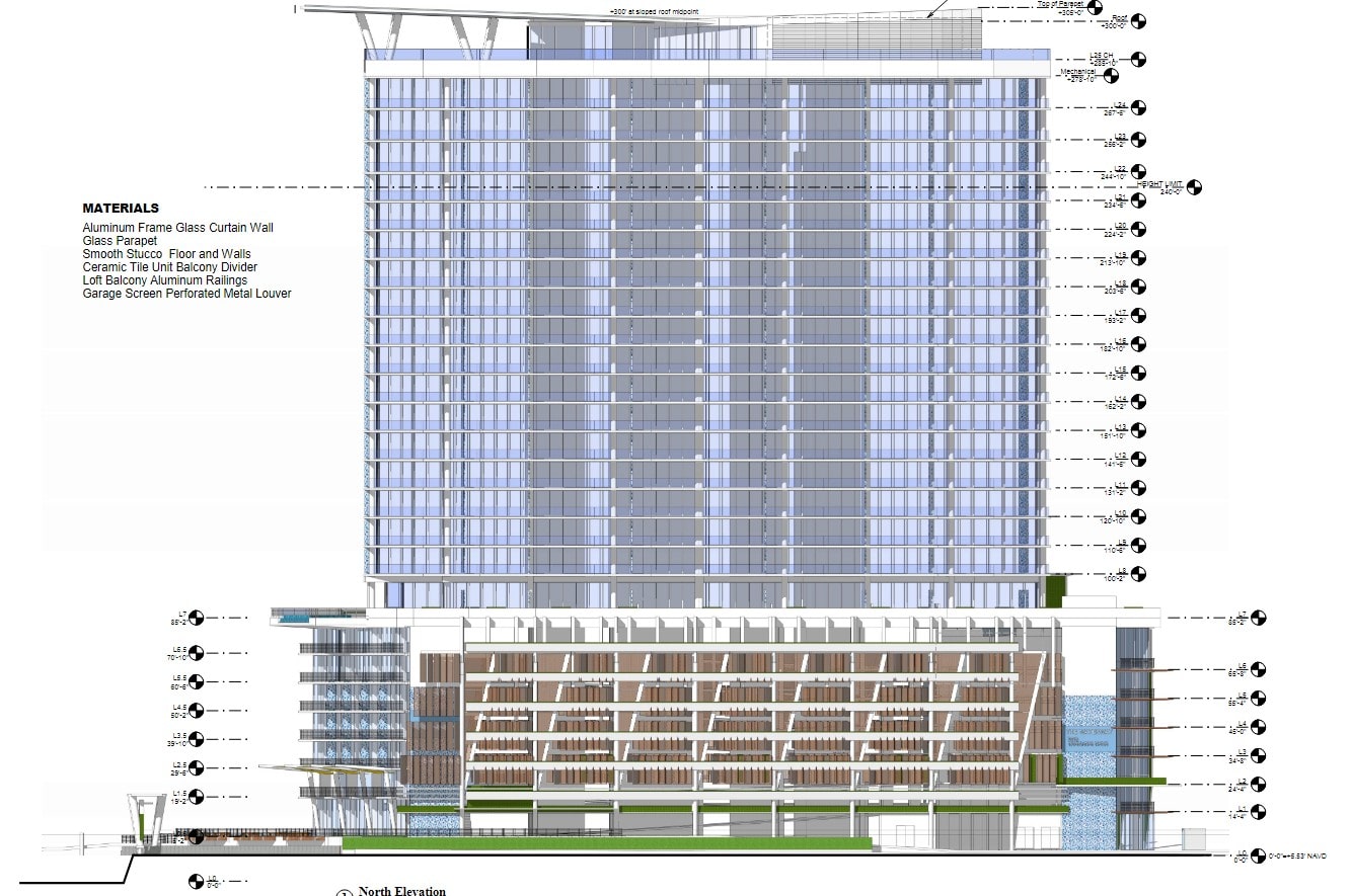 Elevation of the waterfront-facing tower.