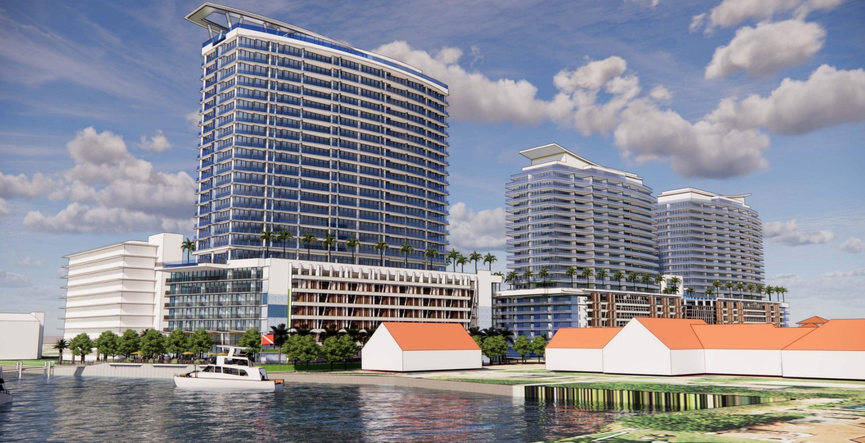 Rendering of The Waterway, located at 3200 Broadway Boulevard and 3140 Lake Shore Drive, by KMG Holdings. Designed by REG Architecture.