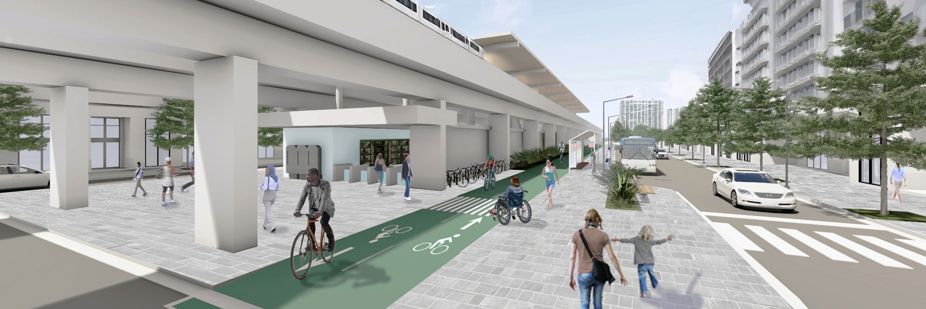Rendering of a future North Corridor Metrorail station, with multiple nodes of transit.