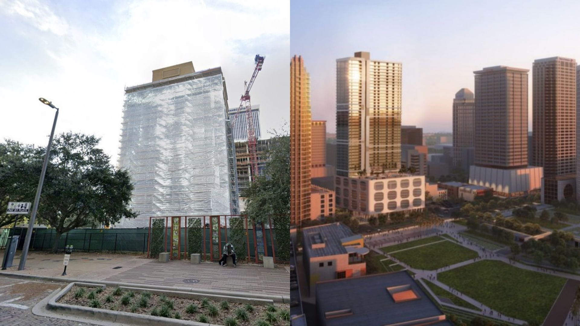 On the left: current site. On the right: renderings of the tower before changes in ownership (designed by Arquitectonica).