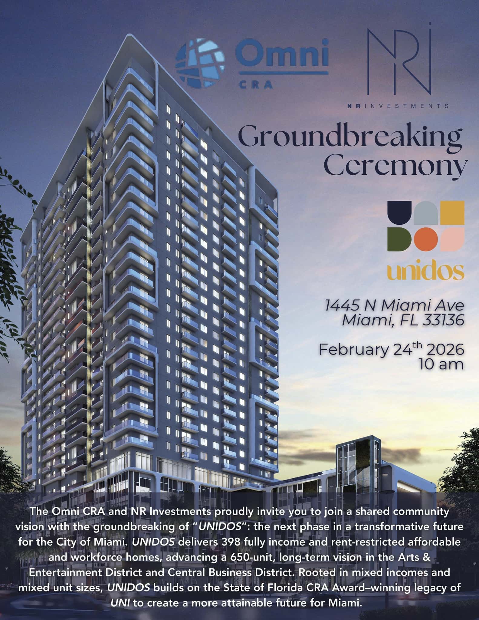 UniDos Affordable Housing in Miami’s Omni Neighborhood Announces Groundbreaking Date