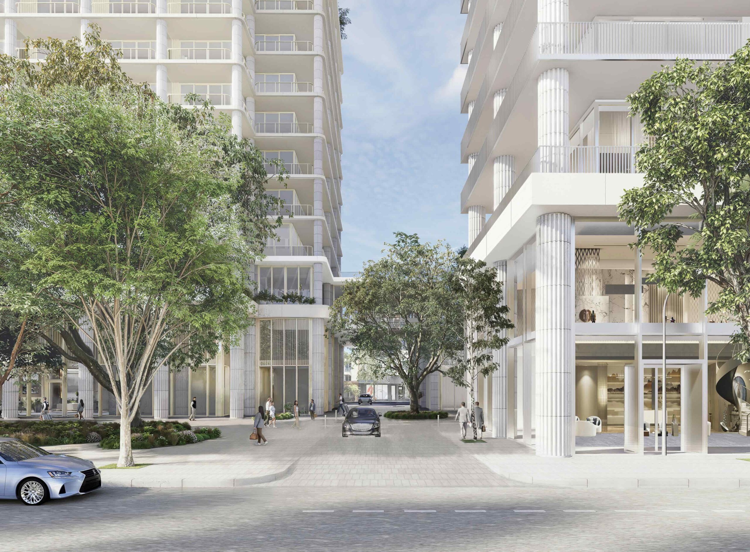 Rendering of the ground floor, featuring a private drop-off area and the eastern side of the civic space.