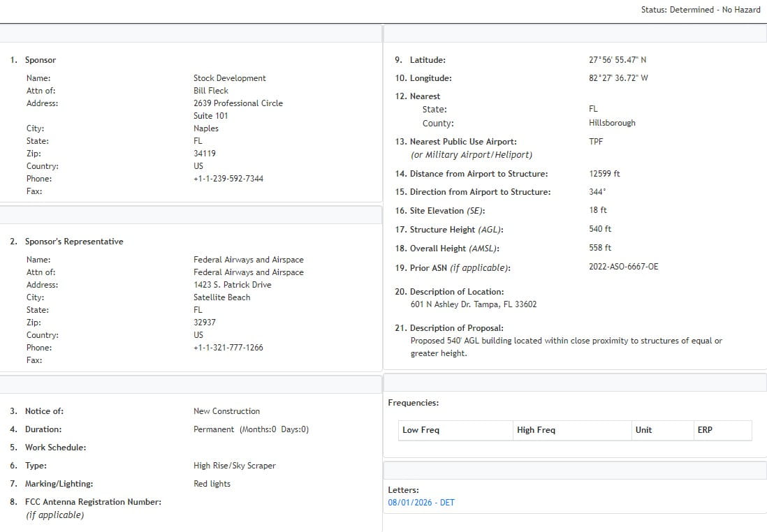 FAA Reissuance Clears Path for 540-Foot Tower at 601 N Ashley Drive in Downtown Tampa