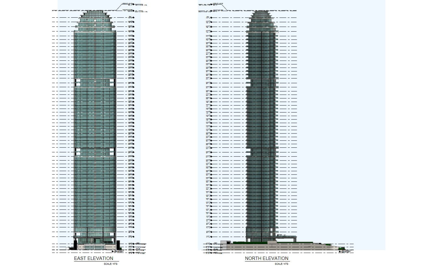 An elevation of the tower's profile and height, located at 19051 Collins Avenue.