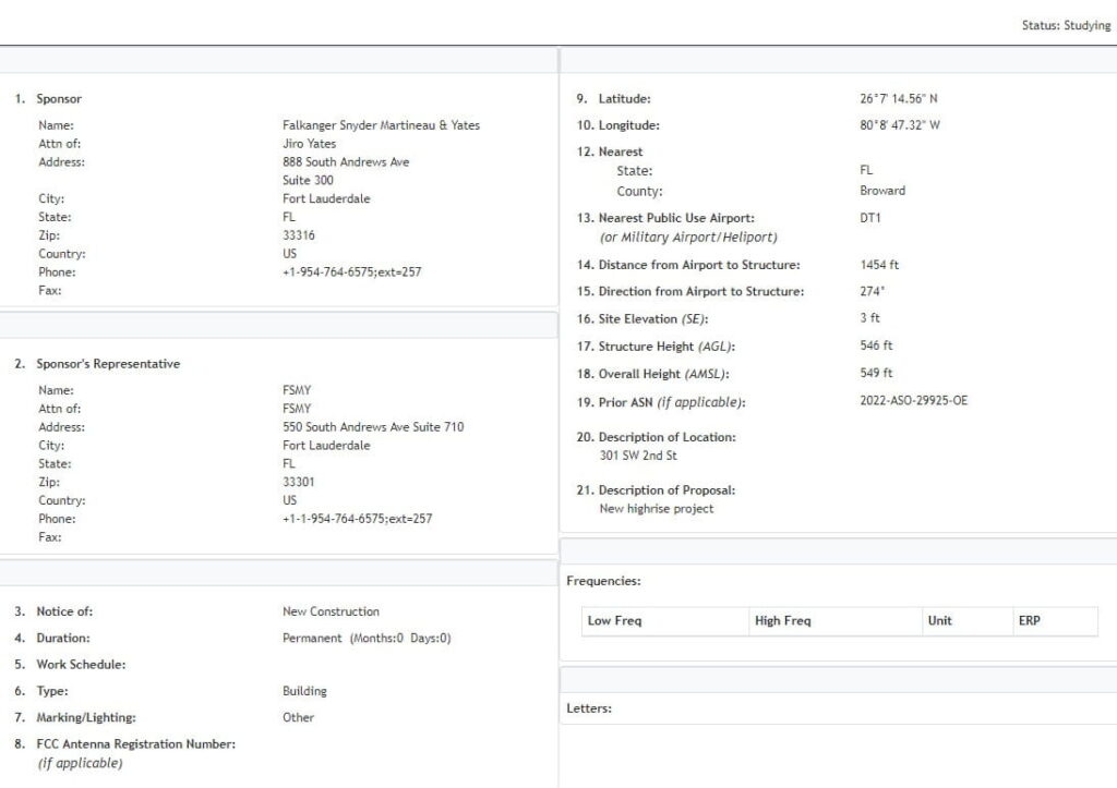 546 Foot Tower Proposed West of Downtown Fort Lauderdale Following FAA Filing
