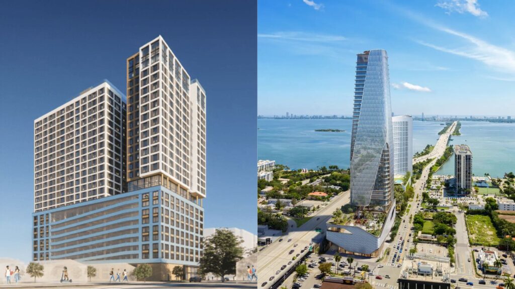 On the left: renderings of Alma at FIU by BAI Capital. On the right: a rendering of Tower 36, subject to change.