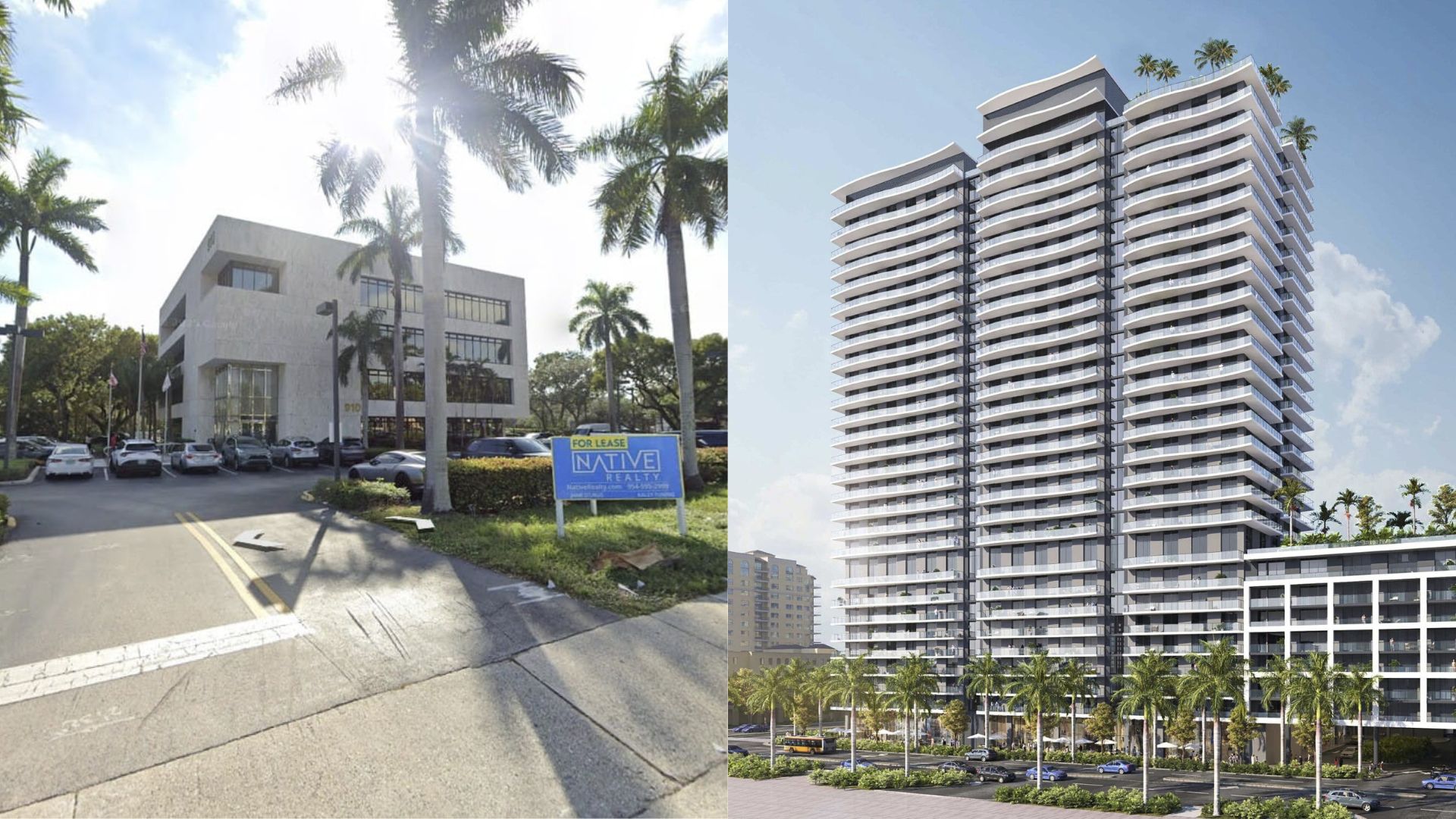 Side-by-side view of both Live Local Act projects. Left: current site of 910 Residences (no rendering available), right: rendering of 2620 Residences.