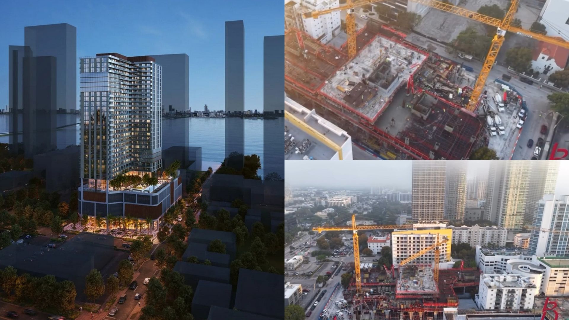 Rendering on the left, various construction viewpoints on the right provided by L&R Structural, the project's shell contractor.