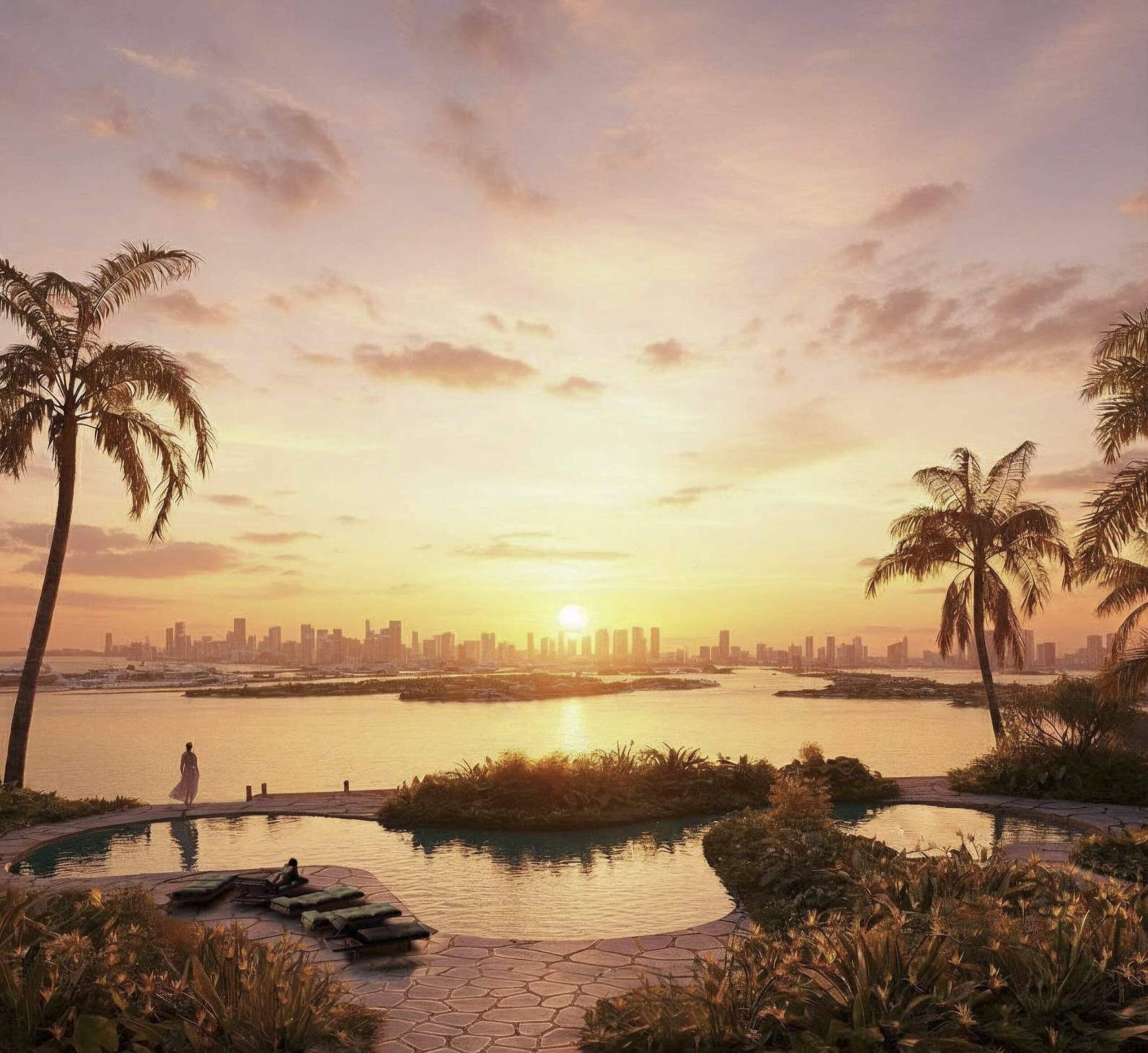 Planned pool area for the development, featuring views of Miami and the waterfront.