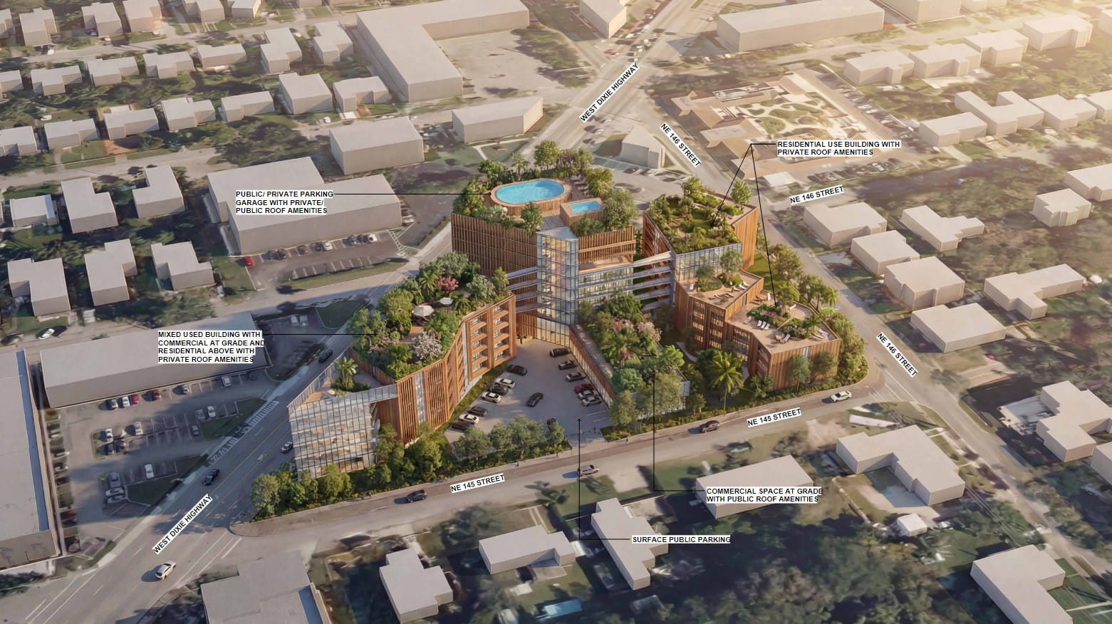 A labeled rendering of 14501 W Dixie Highway, set to feature 110 units. Designed by Gado Group and developed by RG Realty Investments.