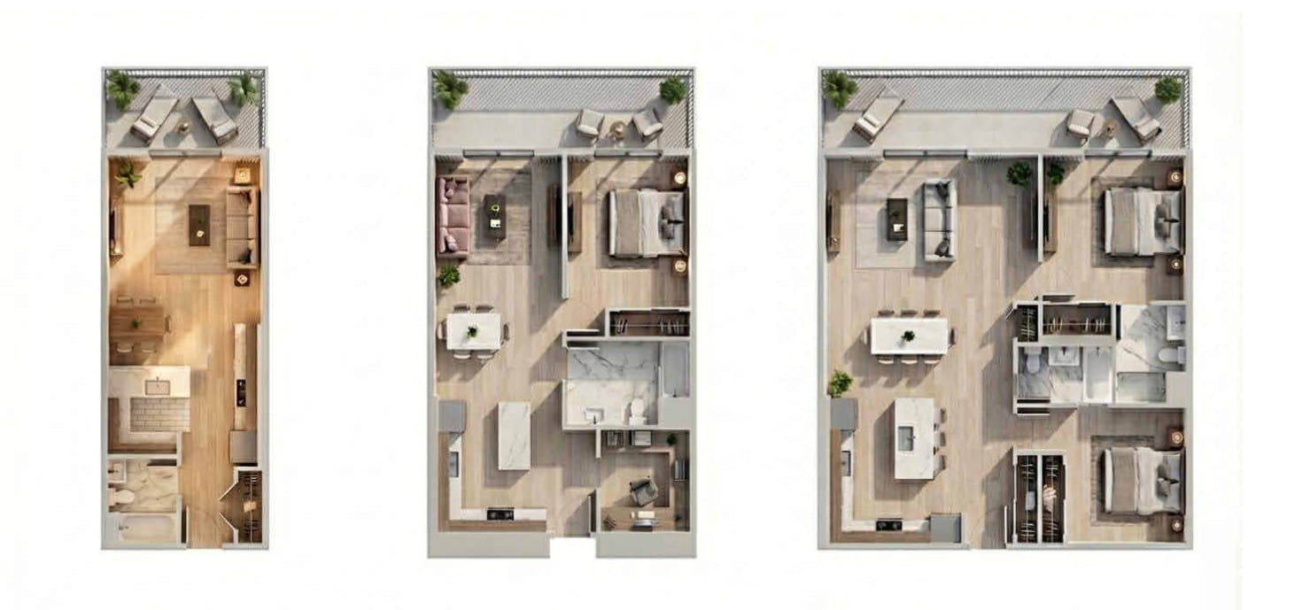 Floor plans of the residences, showcasing one-, two-, and three-bedroom typologies.