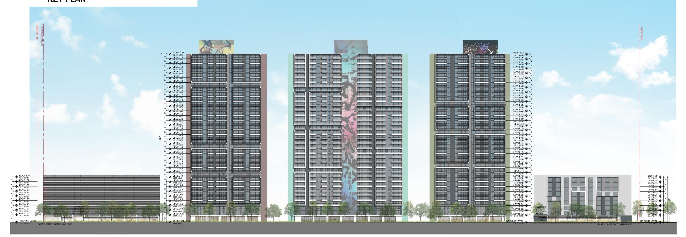 2D elevations of the site, showcasing floor counts and FT.