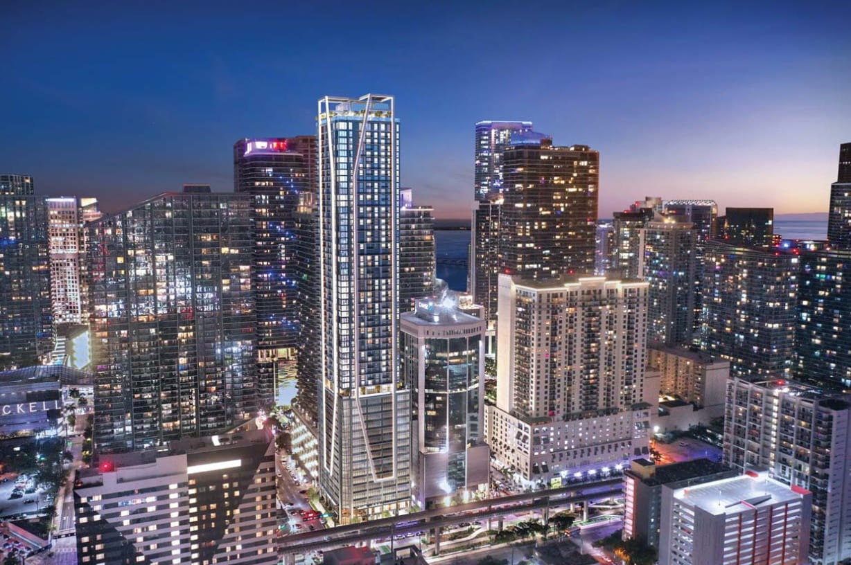 A rendering of Brickell Gateway, designed by Corwil Architects and developed by Gazit Horizons and Atlantic Pacific Companies. Rendering does not depict slight changes to the building's height and podium.