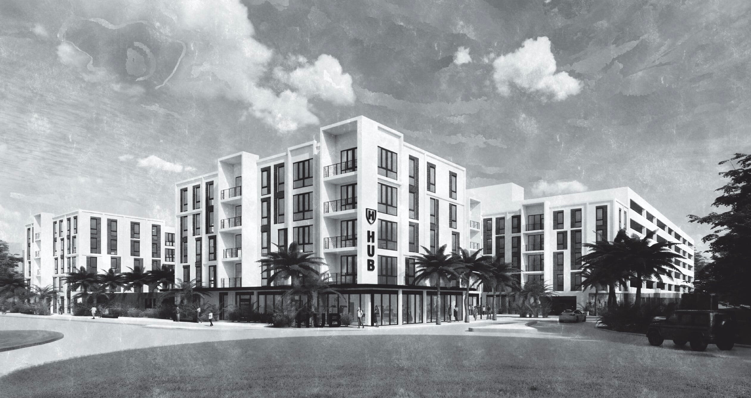 Black and white rendering of the apartment complex, located at 12301 Club Dr.