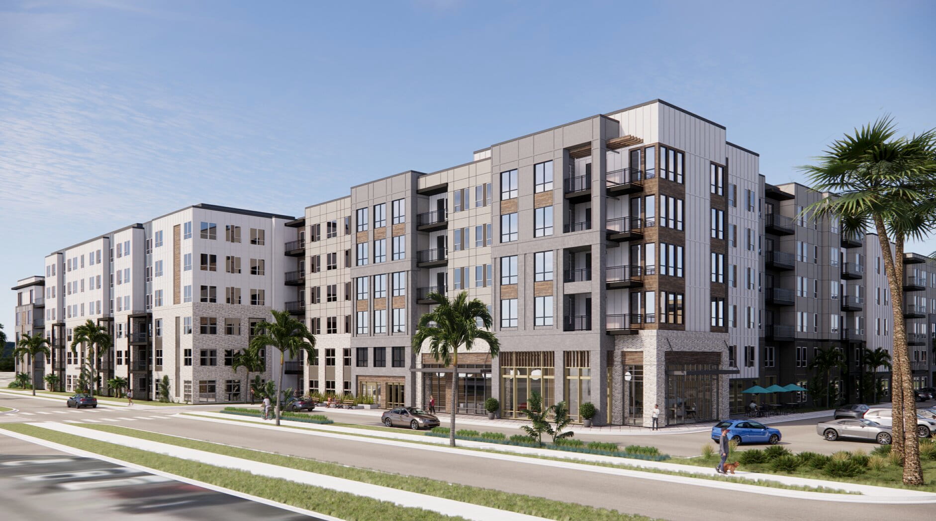 Rendering of The Mark Tampa, showcasing a future retail slot, apartments, and the project's exterior.