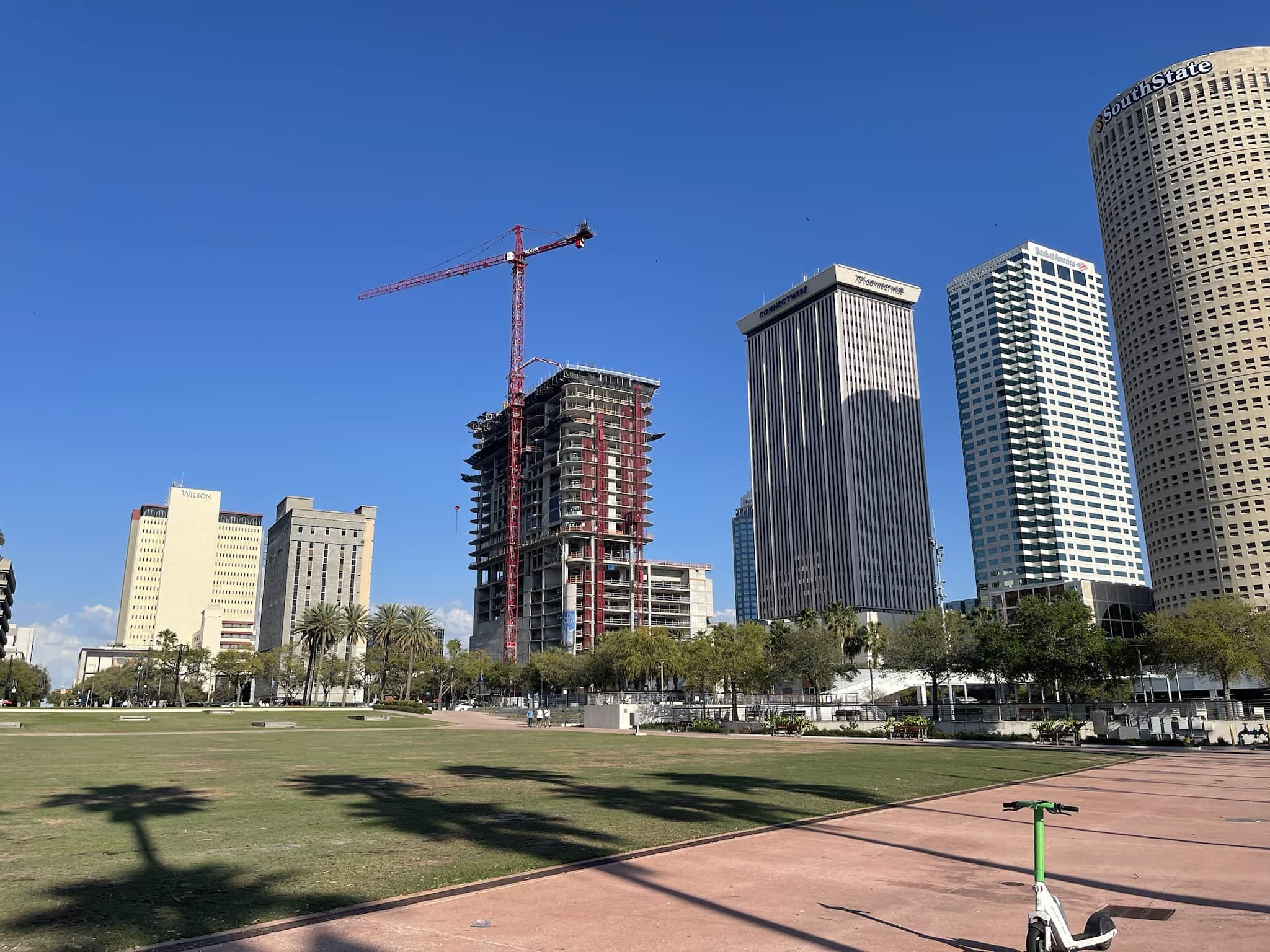 One Tampa rising among other prominent buildings in the skyline.