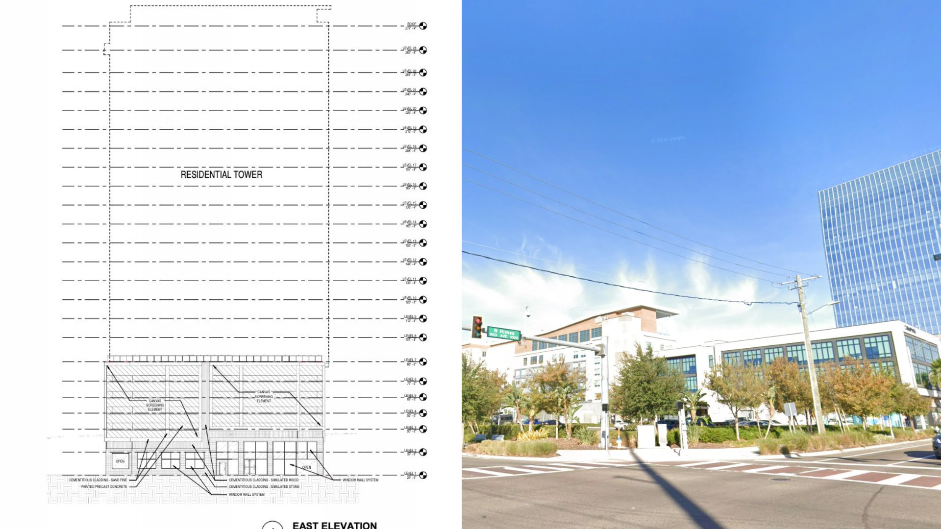 Side-by-side thumbnail featuring an elevation of the proposed tower, and its location at 3615 West Cypress Street. Designed by Rule Joy Trammell + Rubio Architecture.