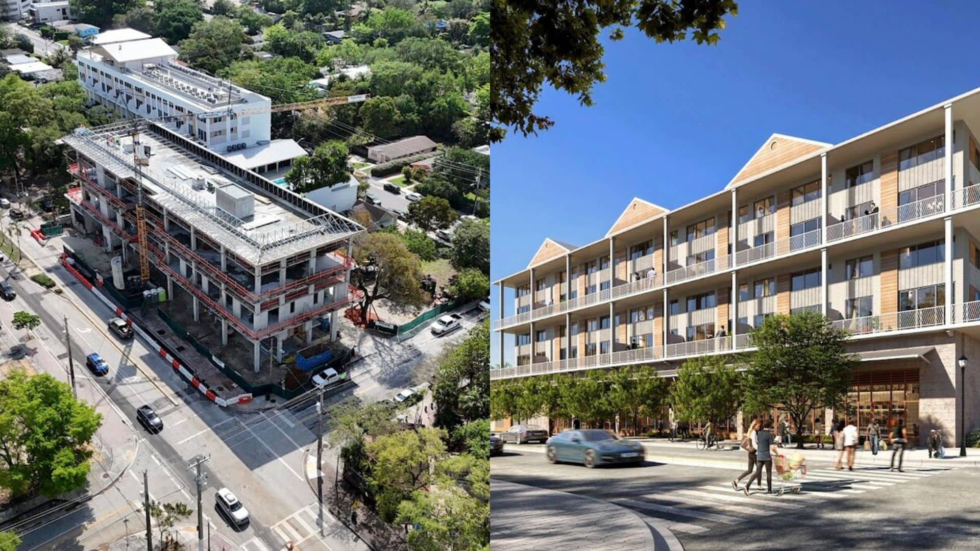 Left: Elemi at Grove Village Phase 2 aerial construction photo provided by Moss Construction. Right: rendering of Elemi at Grove Village Phase 2, designed by Arquitectonica.