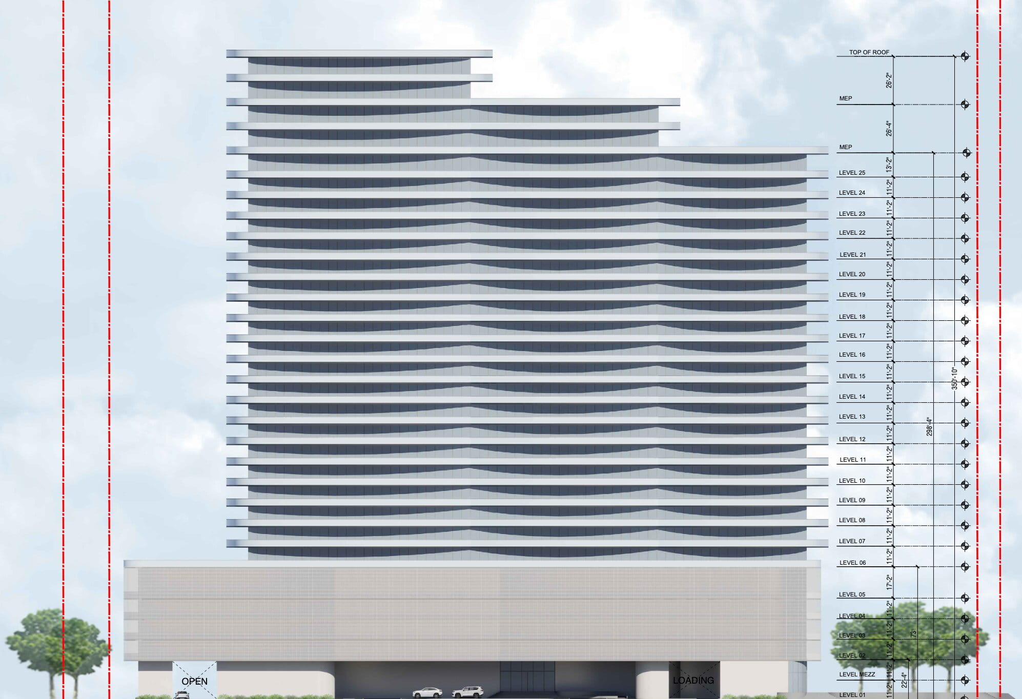 The back of the tower depicting the parking podium.