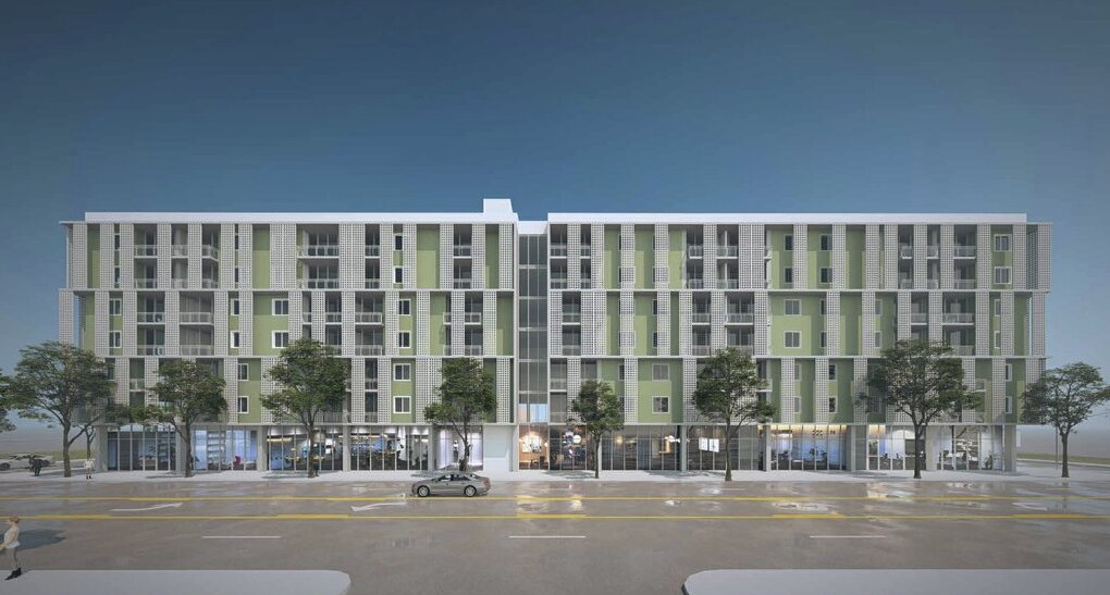 The front of the development, featuring the dynamic facade.