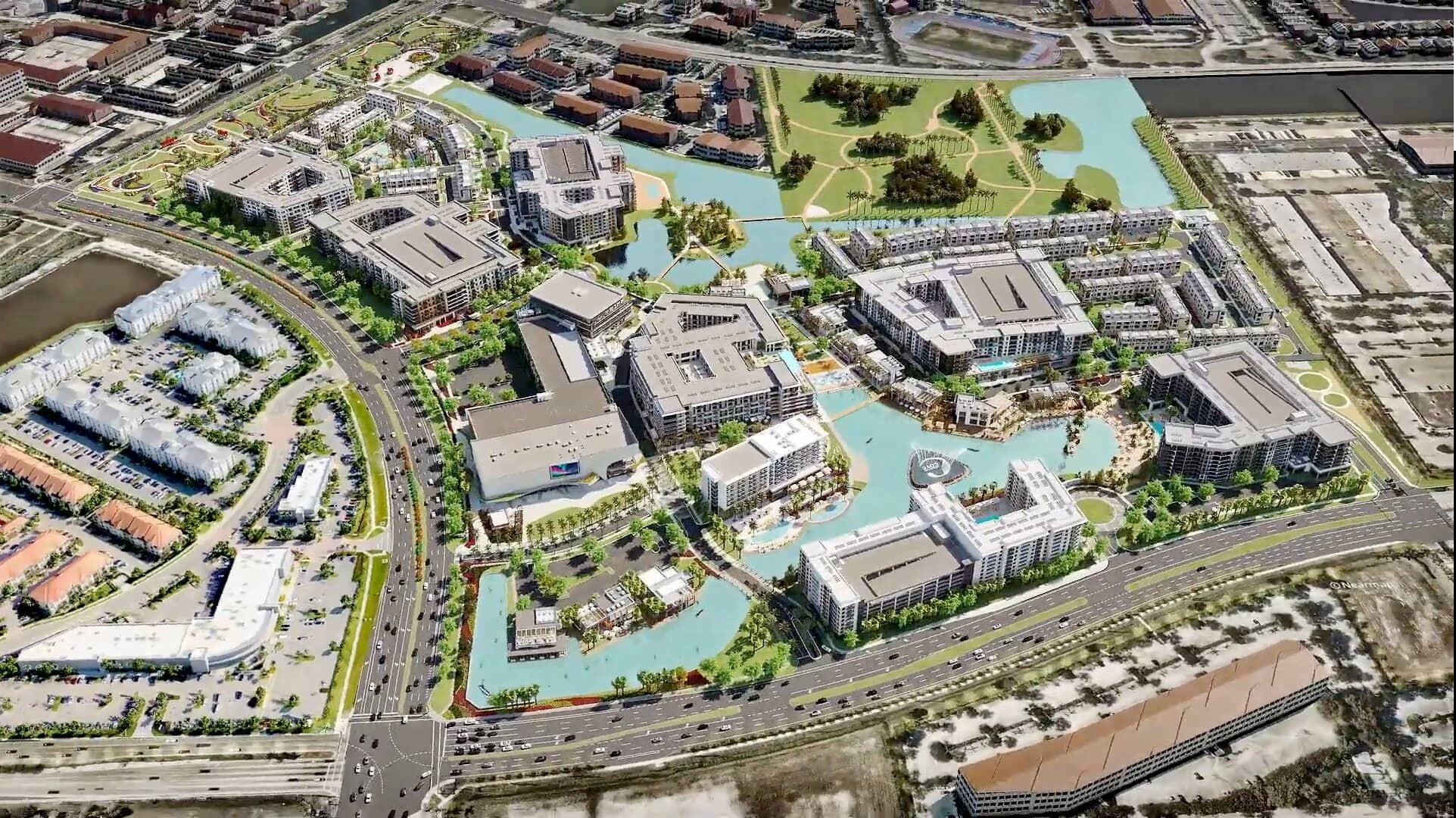 An aerial view of Miramar Cove, featuring the full build-out. Developed by Sunbeam Properties, designed by 505Design.