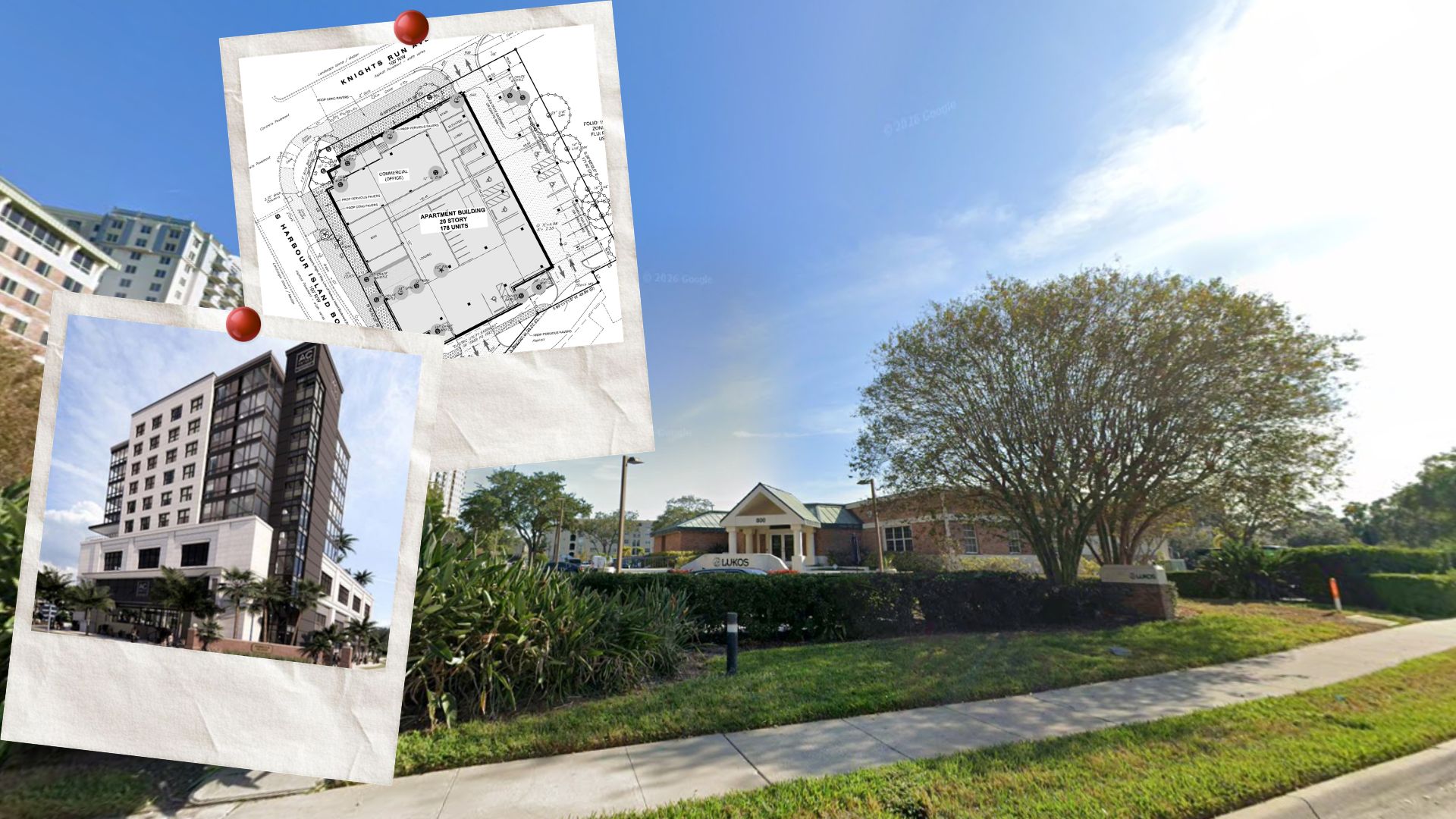 800 S Harbor Island, featuring the previously rejected hotel rendering and the site plan of the new Live Local Act development.