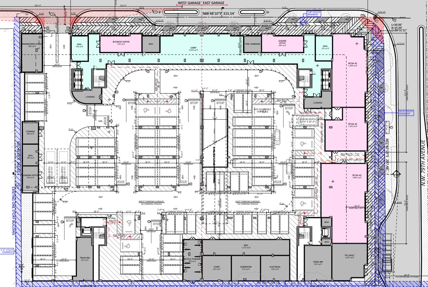 Proposed site plan, showcasing a large lobby, leasing office, retail, and more.