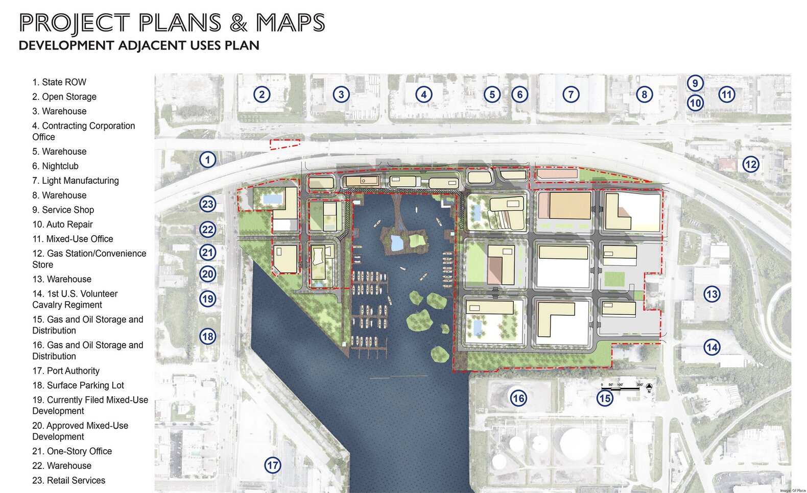 Site plan of Ybor Harbor, outlining a new road layout, sidewalks, and other infrastructure.