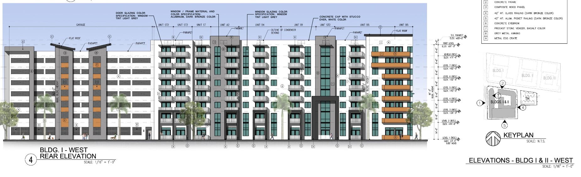 Elevation of the 8-story multifamily structure and garage.