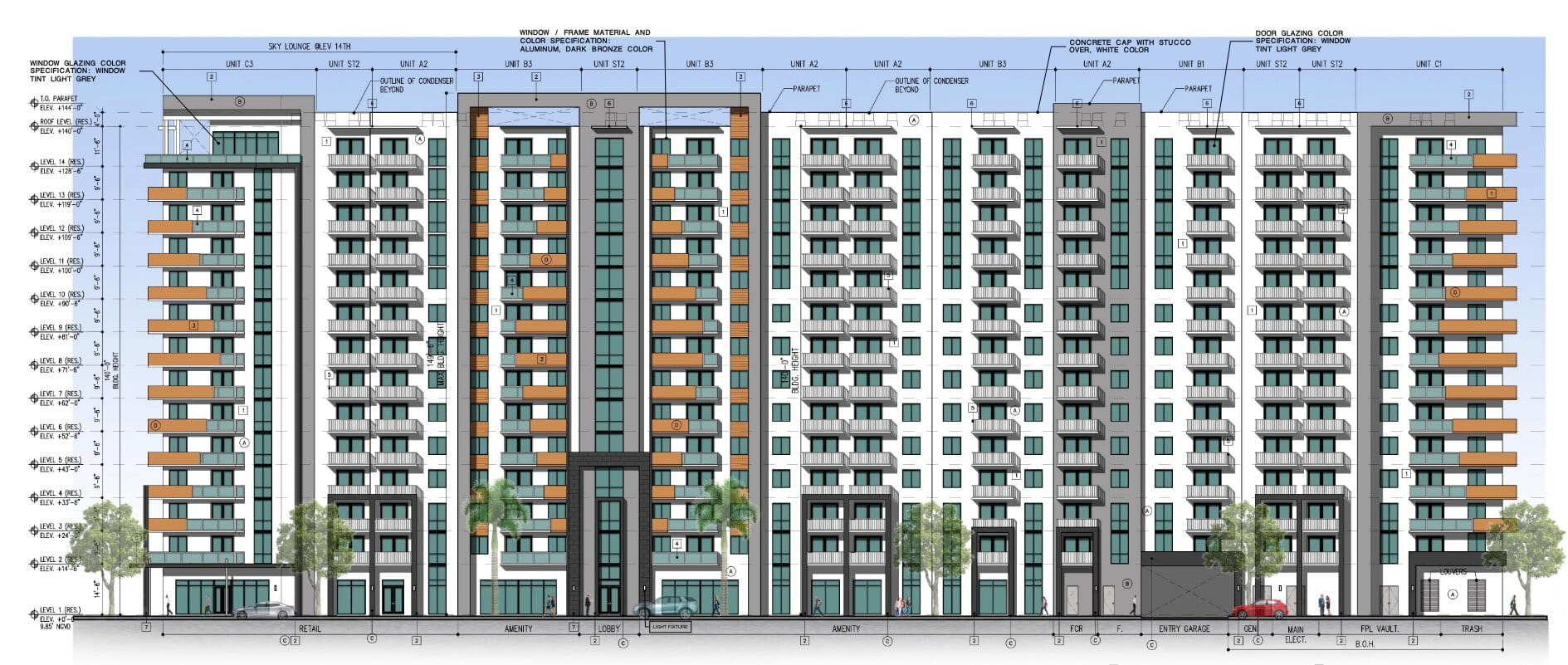 Elevation of the 14-story structure proposed by Dezer.