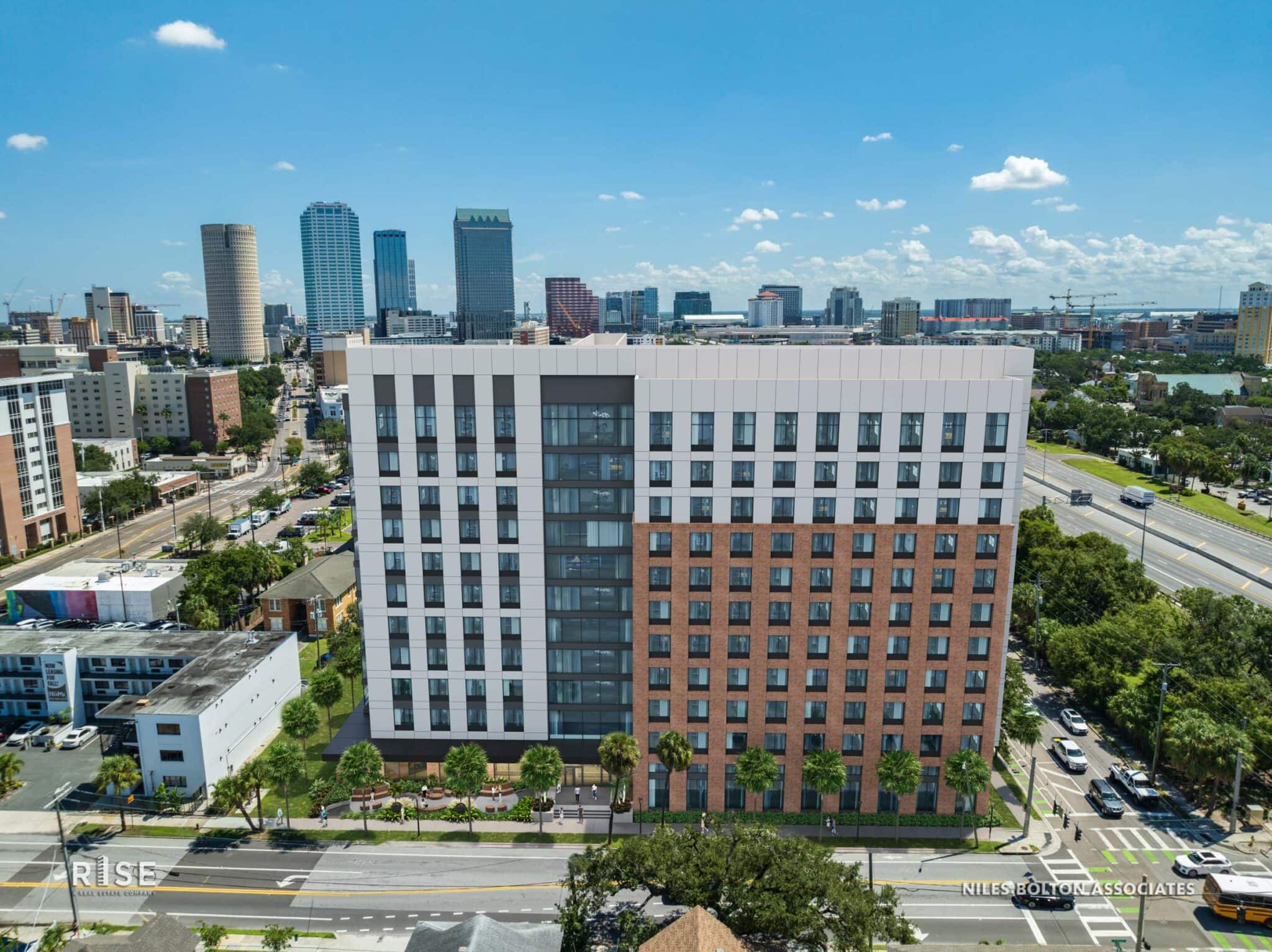 University of Tampa's new dorm building, located at 110 South Boulevard. Images from RISE Real Estate, Niles Boston Associates, and The University of Tampa.