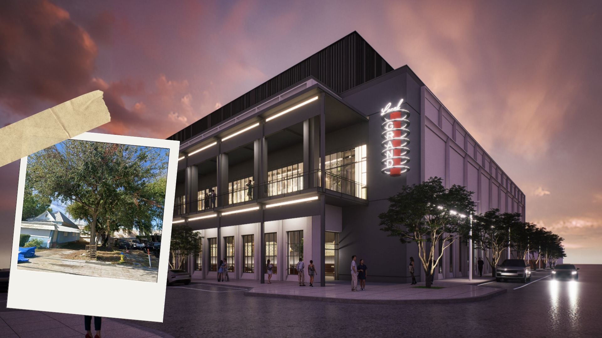 Proposed Live Nation venue, with a photo of the grand oak impeding on plans. Image courtesy of TVS Architecture.