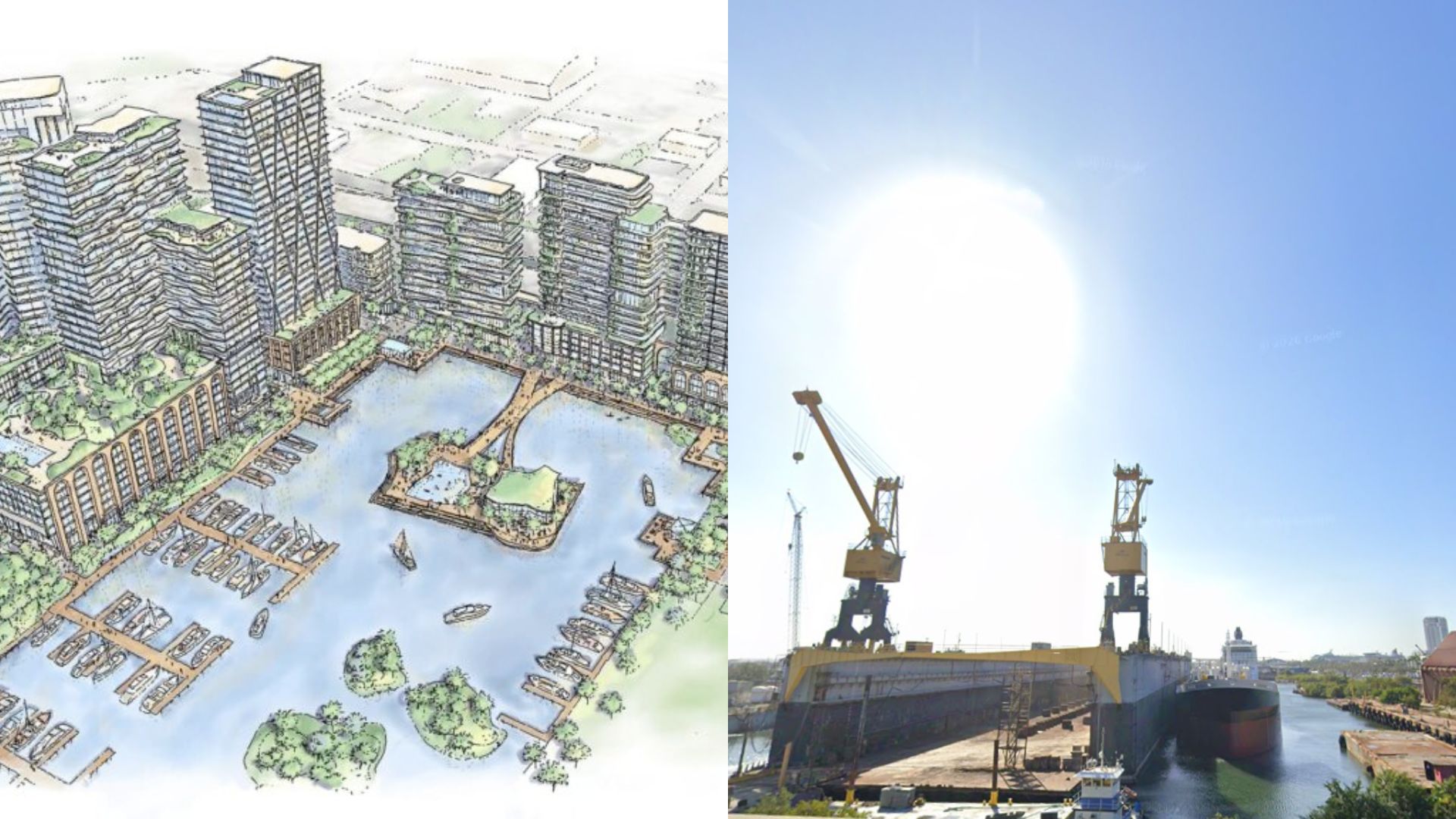 Ybor Harbor vision on the left, current site on the right. The endeavor is being spearheaded by Darryl Shaw.