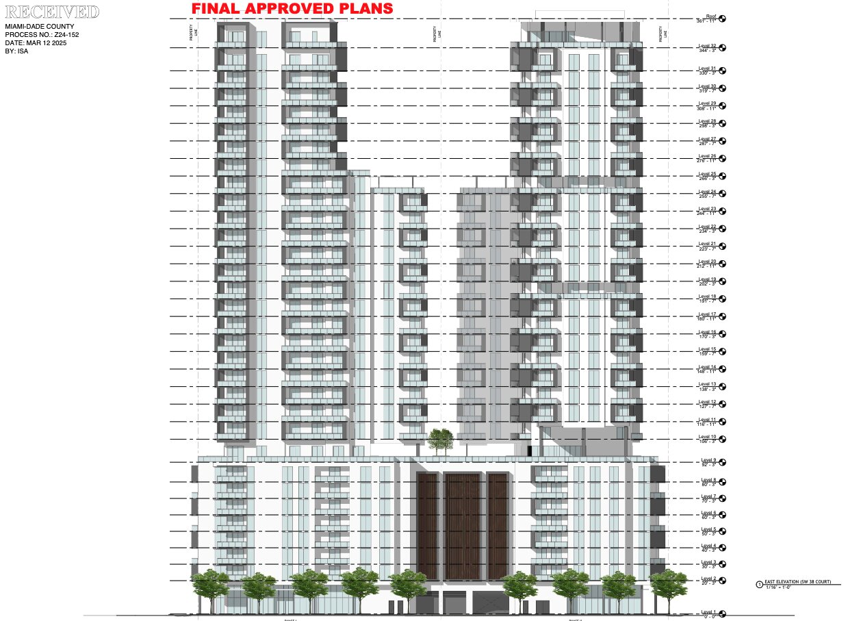 An elevation of the two-tower structure, known as Merrick Parc.