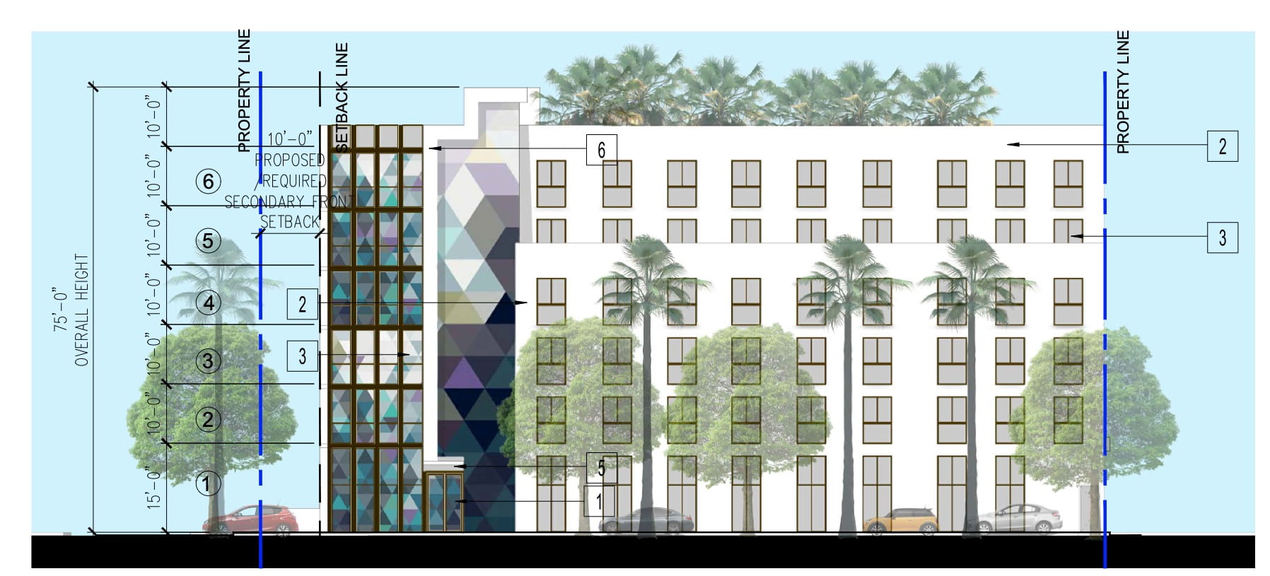 South elevation of Model City Apartments.