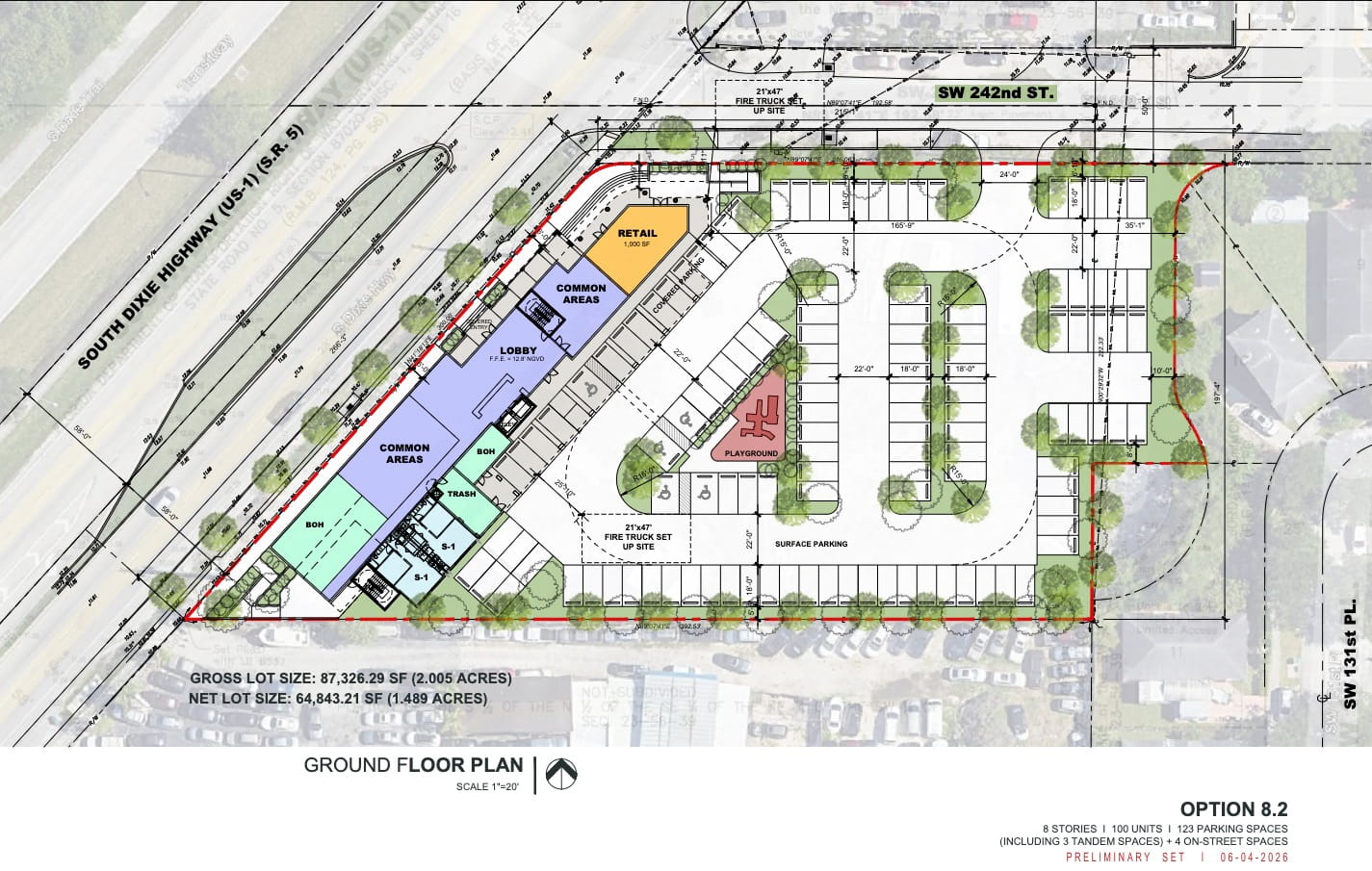 The site plan of the development, outlining different uses.