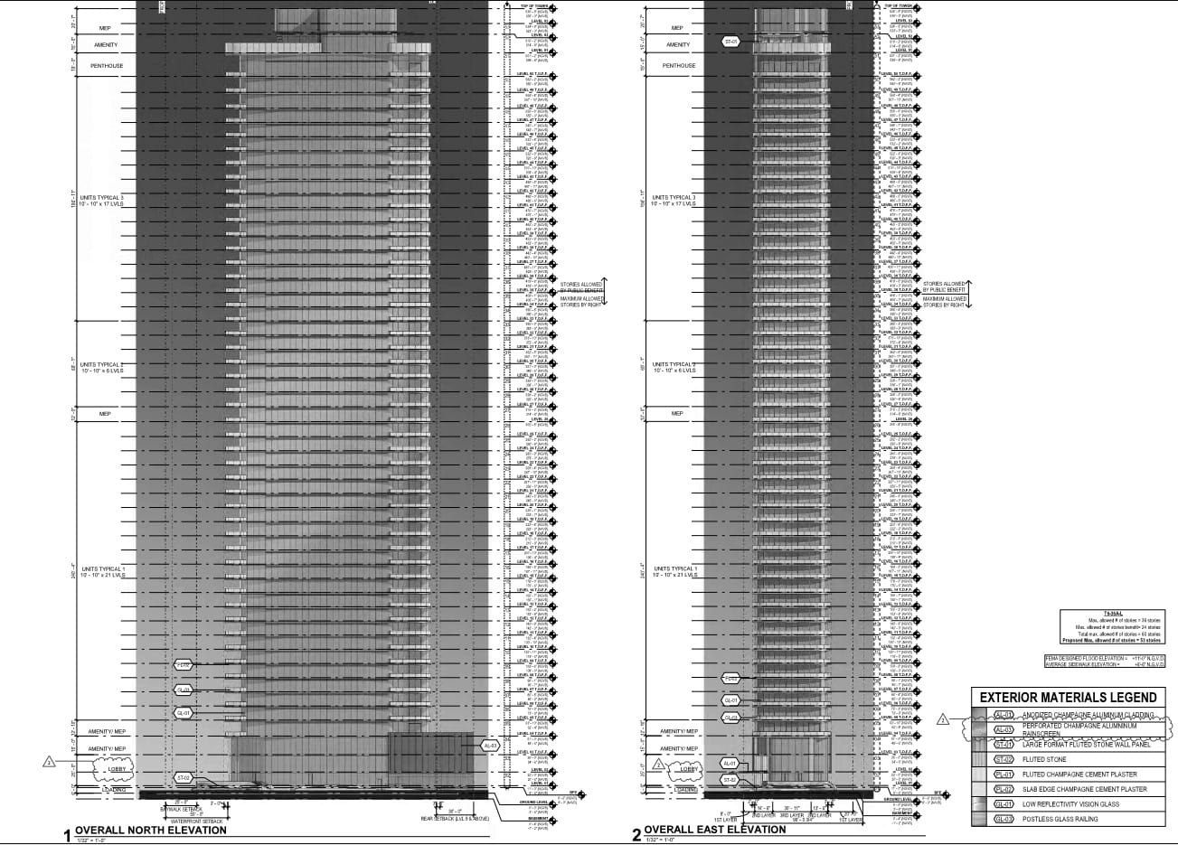 Elevations of the slender, largely glass structure.