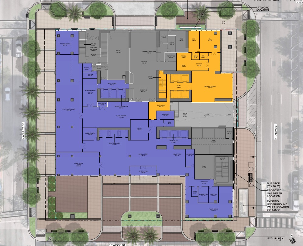 Site plan/ground floor drawings of 601 N Ashley Drive by Stock Development.