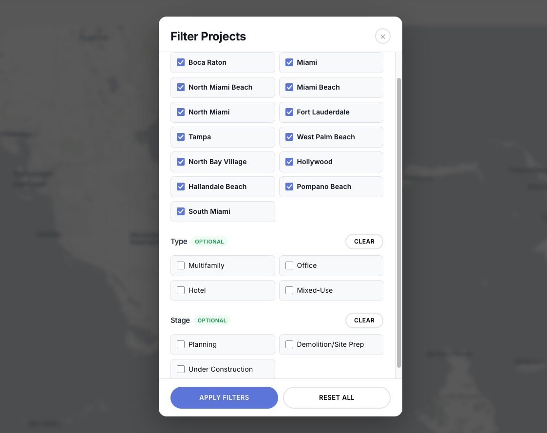 Advanced filtering, featuring city, type, and stage.