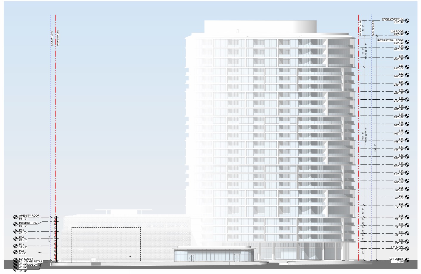 An elevation (taken via public records request by Floridian Development), showcasing tower height.