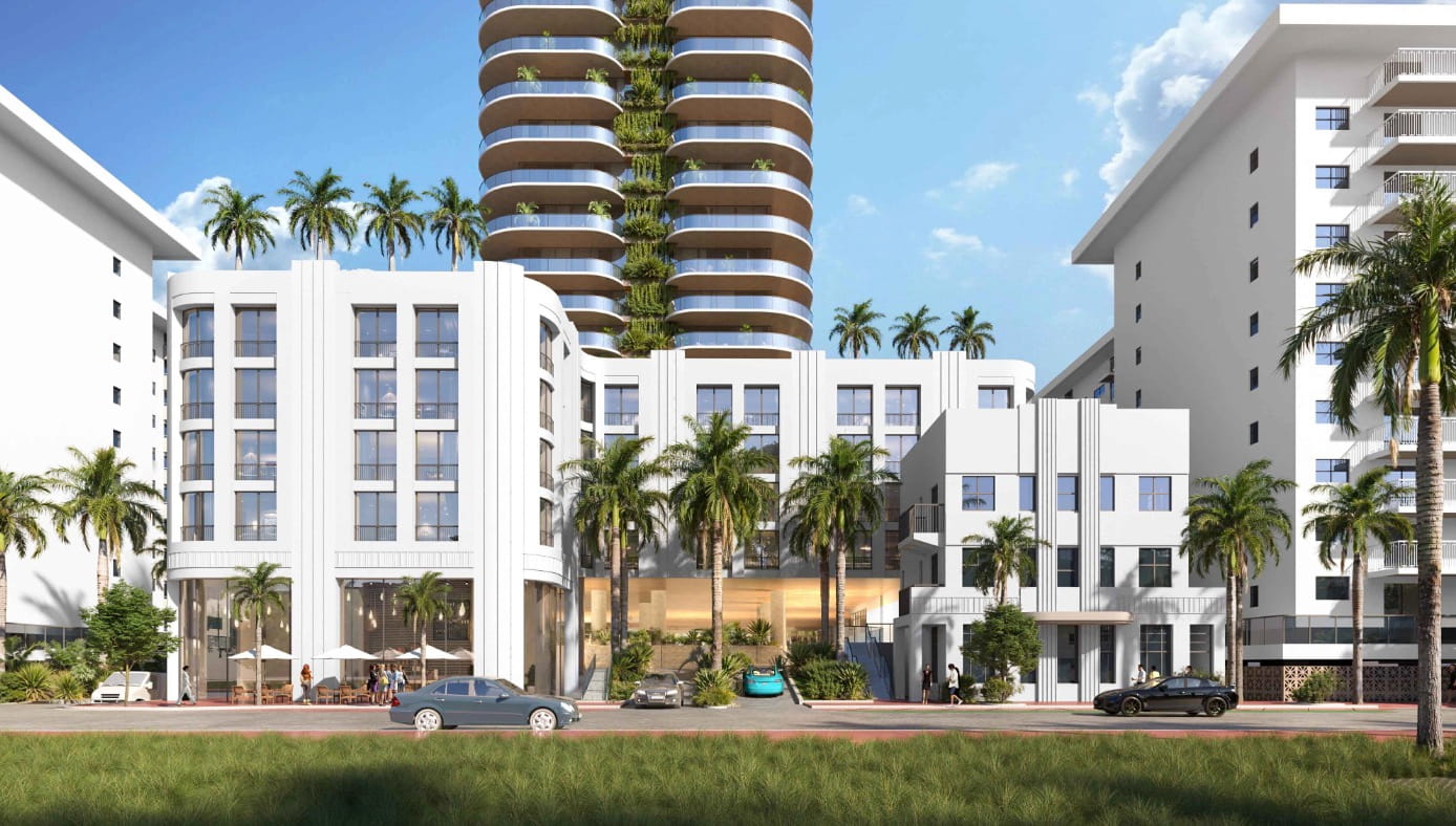 A street-facing rendering of the development, coined 'The Savoy'. On the right is a portion of the preserved 1937 facade. 