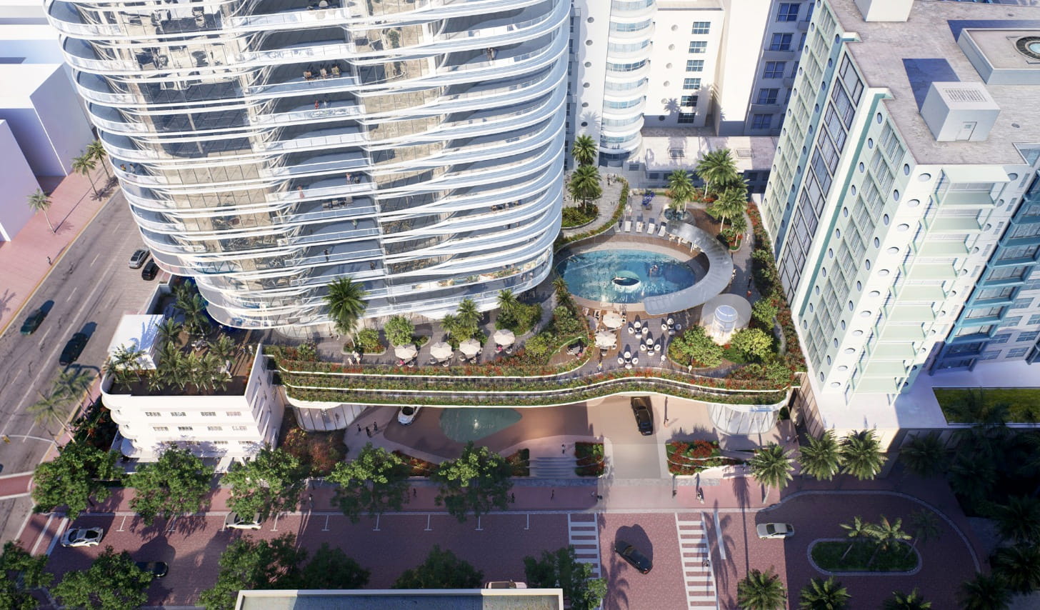 The tower's amenity deck, which is one of the multiple shared spaces designed for residences and/or hotel guests.