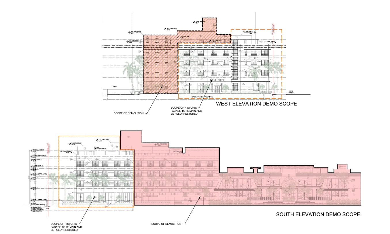An elevation of the current site at 1501 Collins Avenue. Shaded in red is the planned portions to be demolished.