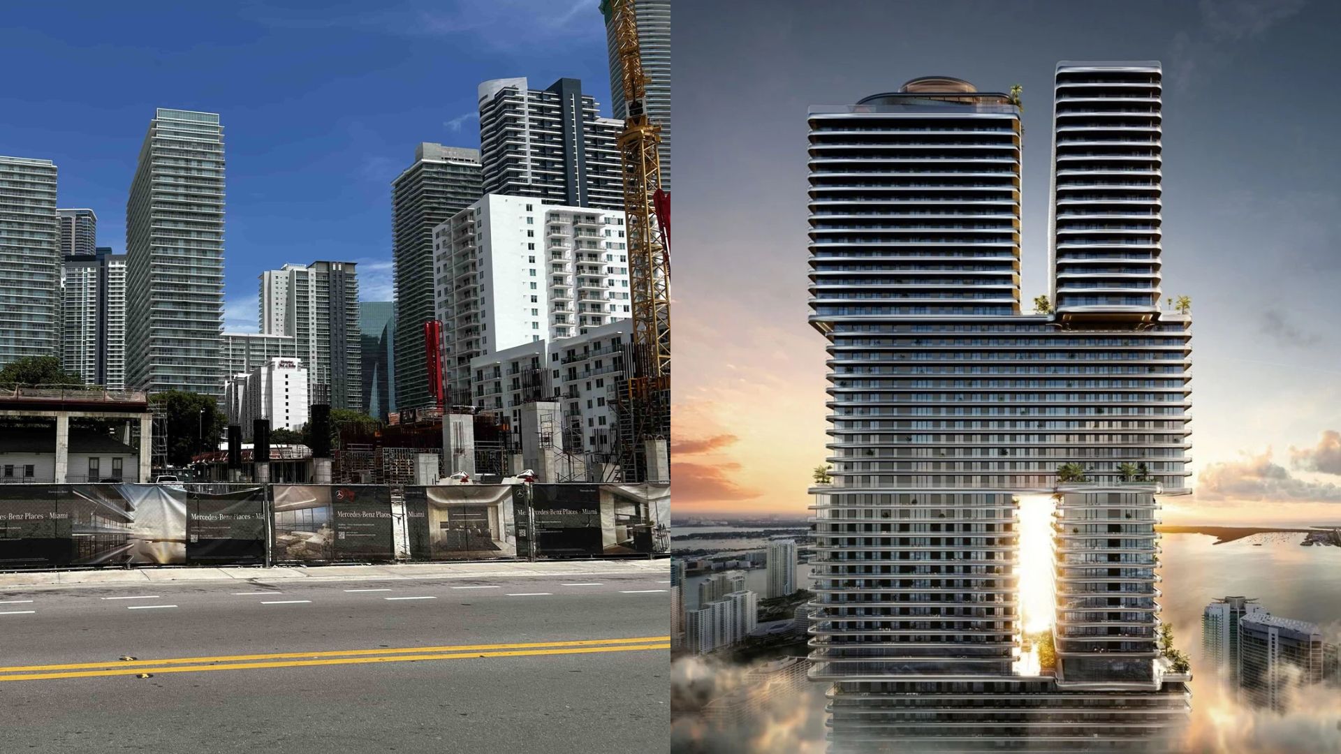 Stalled construction site on the left, Mercedes-Benz Places rendering on the right. The project, now led by a joint venture between JDS and Fontainebleau Development, may restart construction by the end of the year.